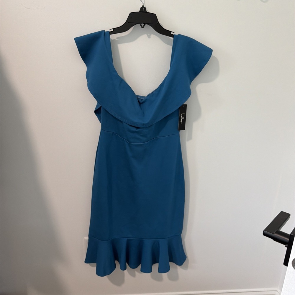Lulus Women's Off-the-Shoulder Midi Dress Blue Medium Sleeveless Ruffle NWT